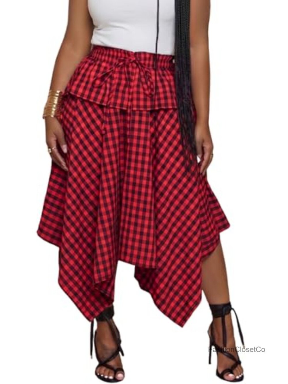Y2K Gingham Plaid Midi Skirt High Waist Asymmetrical Flowy A-Line with Pockets